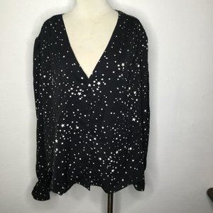 ACOA Star Print Blouse Long Sleeve Black N-Neck Plus Size 3X